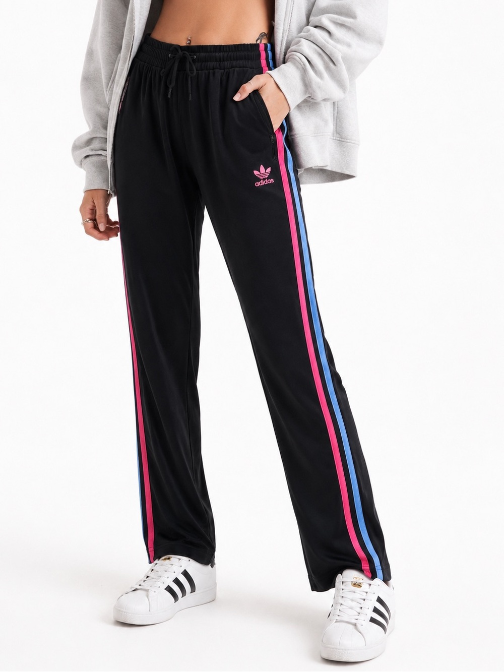 Adidas Black Track Pants Pink Blue Stripe Women’s Y2K Athleisure XS